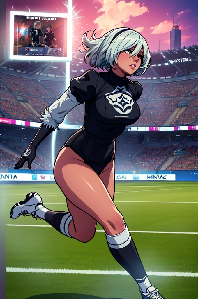 a woman, yorha 2p, soccer outfit, argentina soccer player uniform, detailed face, beautiful detailed eyes, beautiful detailed lips, extremely detailed eyes and face, long eyelashes, athletic body, running pose, dynamic action, football field background, bright lighting, vibrant colors, cinematic composition, photorealistic, 8k, best quality, masterpiece.