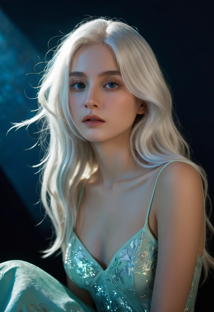 (Front focus), (in the darkness:1.6), Surrealist Portraits of Women by David Hockney and Alphonse Mucha, Fantasy Art, Photo-realistic, Dynamic Lighting, Art Station, poster, Volumetric Lighting, Very detailed face, 4K, The award-winning, 1 Girl, in the darkness, Deep Shadows, Low profile, Cowboy shooting, (Sexy dress up), Long hair, White hair