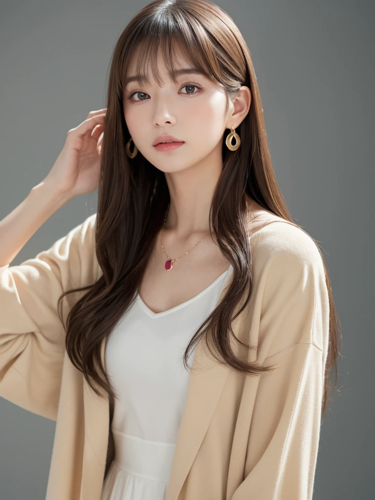 ((Highest quality, 8K, masterpiece:1.3)), concentrate: 1.2, Perfect body beauty: 1.4, Hips: 1.2, ((Long Hair, chest: 1.2)), (Dry clothes: 1.1) , (clear, Simple Background:1.3), Simple clothes: 1.1, Highly detailed face and skin texture,Delicate eyes, double eyelid, Whitened skin, Rough skin、Long Hair、Earrings with bangs、necklace、 solo、Beige coat、White shirt, (((Beautiful girl with cute Japan)))、 ((Beautiful Japanese girl 20 years old))、 ((Baby Face))、 (((Slender body)))、 Upper Body,Face focus、necklace,Simple Background,From above, Realistic Hair、 A photograph was taken:Canon EOS R6、135mm、1/1250 seconds、f2.8、ISO400、(Detailed explanation of the hand)、(Masseter muscle area)、(Exquisite CG)、Long Hair, loose and curly hair、Korean Hair、Long Hair明るいベージュ色、グラデーションハイライトグレージュのゆるふわLong Hairスタイル、
