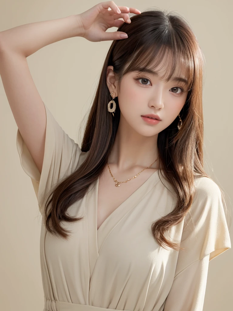 ((Highest quality, 8K, masterpiece:1.3)), concentrate: 1.2, Perfect body beauty: 1.4, Hips: 1.2, ((Long Hair, chest: 1.2)), (Dry clothes: 1.1) , (clear, Simple Background:1.3), Simple clothes: 1.1, Highly detailed face and skin texture,Delicate eyes, double eyelid, Whitened skin, Rough skin、Long Hair、Earrings with bangs、necklace、 solo、Beige coat、White shirt, (((Beautiful girl with cute Japan)))、 ((Beautiful Japanese girl 20 years old))、 ((Baby Face))、 (((Slender body)))、 Upper Body,Face focus、necklace,Simple Background,From above, Realistic Hair、 A photograph was taken:Canon EOS R6、135mm、1/1250 seconds、f2.8、ISO400、(Detailed explanation of the hand)、(Masseter muscle area)、(Exquisite CG)、Long Hair, loose and curly hair、Korean Hair、Long Hair明るいベージュ色、グラデーションハイライトグレージュのゆるふわLong Hairスタイル、