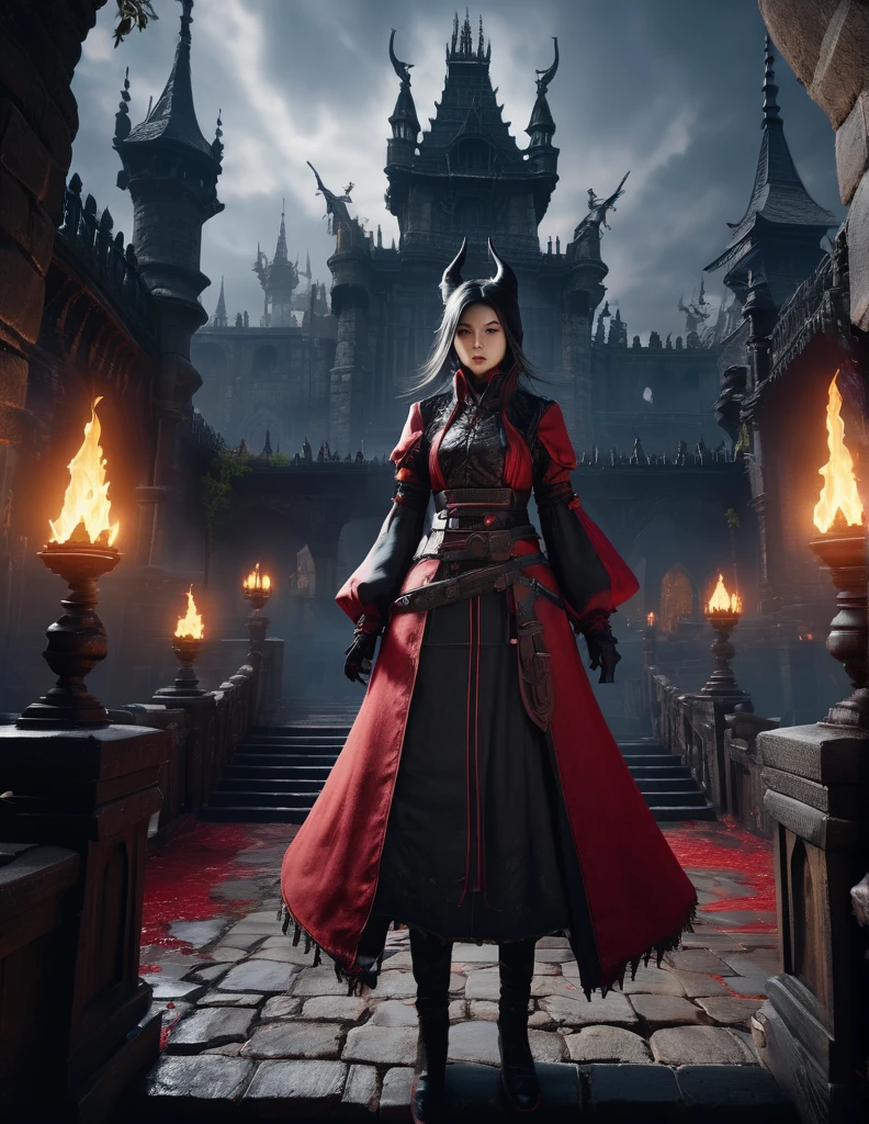 quality(8k wallpaper of extremely detailed CG unit, masterpiece, hight resolution, top-quality, top-quality real texture skin,hyper realisitic, digitial painting,increase the resolution,RAW photos,best qualtiy,highly detailed,the wallpaper),BREAK,8K, Girl, Dvd 80 bloodborne darkfantasy, onmyoji-style art, standing in middle of ghotic castle