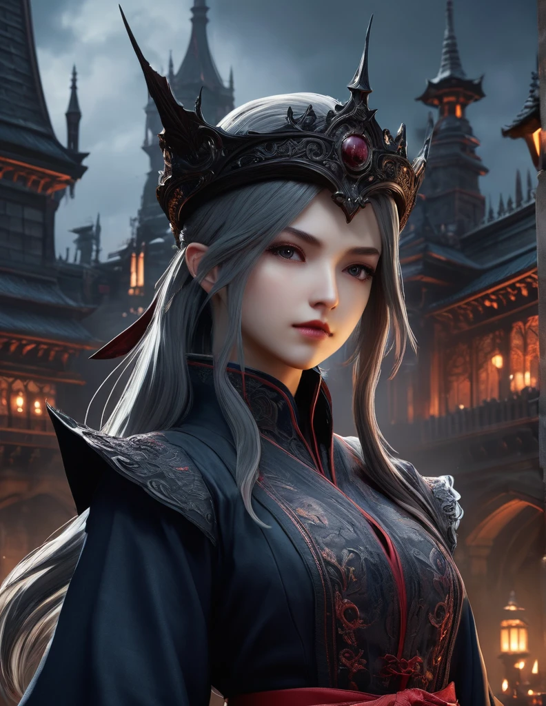 quality(8k wallpaper of extremely detailed CG unit, masterpiece, hight resolution, top-quality, top-quality real texture skin,hyper realisitic, digitial painting,increase the resolution,RAW photos,best qualtiy,highly detailed,the wallpaper),BREAK,8K, Girl, Dvd 80 bloodborne darkfantasy, onmyoji-style art, standing in middle of ghotic castle