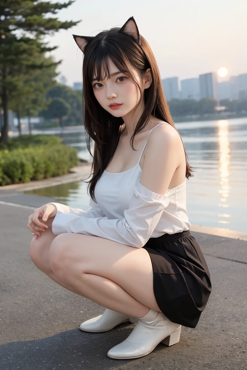 Beautiful Japanese idle, plump breast, squatting in seashore, sundown, from below, cat ears,