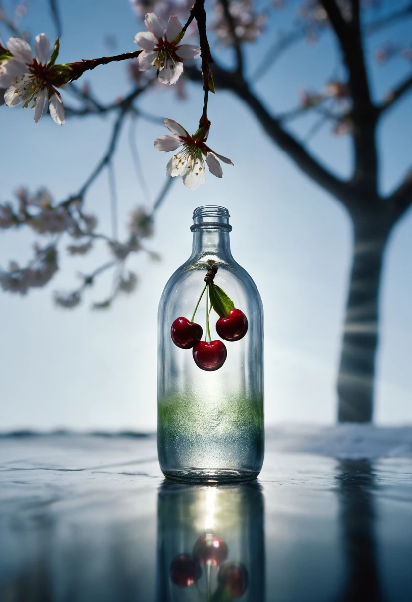 Cherry tree in a bottle, Fluffy, Practical, Atmospheric light refraction, photography：lee jeffries, Nikon d850 film stock photos 4 Kodak portra 400 camera f1.6 shots, Rich colors, ultra Practical Practical textures, Dramatic Lighting, Unreal Engine Trending on ArtStation cinestill 800, Style - Glass
