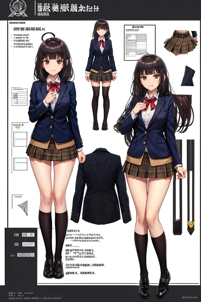 girl, alone, whole body, From head to toe, Are standing, (Huge_chest:1.3),
Character design sheet, Character Reference Sheet, 設計図のSchematic, Drafting, Blueprint, Schematic,
((Character design sheet:1.7, Character Reference Sheet:1.7,)),
anime/cartoon character wearing a girls , 1girl, alone, Thigh-high socks, blazer burezaa (blazer), Ahoge, Long Hair, bow, , shoes, loafers, ribbon, (Very short skirt:1.4), (panties:1.5),, (Good:1.7),(In underwear:1.8),nsfw,Full nudity、