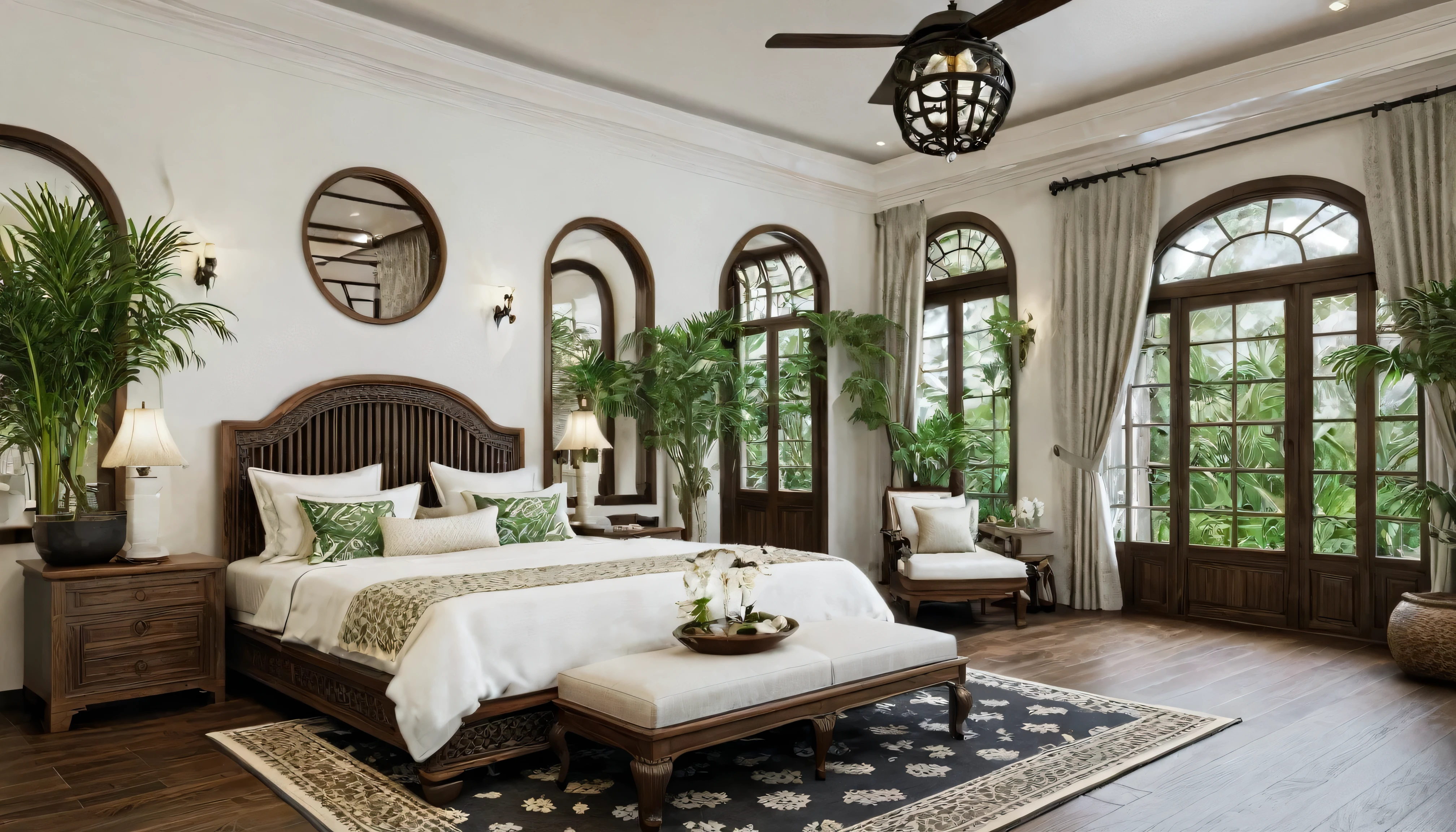 Render a serene Indochine-style bedroom that matches the overall design of a 5-meter-wide, 3-story townhouse. The bedroom features a grand wooden bed with an intricately carved headboard and luxurious, patterned bedding in warm, earthy tones. The walls are painted a calming white, accented with dark wooden beams and traditional Indochine wall art. Large arched windows with wooden shutters offer a view of the urban setting while providing ample natural light. Elegant bedside tables with traditional lamps and a classic wooden wardrobe with ornate details complete the look. The flooring is dark hardwood, complemented by a soft, patterned rug. Tropical plants and a cozy seating area by the window enhance the peaceful ambiance.
8k resolution, UHD, high-quality detail, Indochine style, serene bedroom, grand wooden bed, intricately carved headboard, luxurious patterned bedding, warm earthy tones, calming white walls, dark wooden beams, traditional Indochine wall art, arched windows, wooden shutters, natural light, elegant bedside tables, traditional lamps, classic wooden wardrobe, ornate details, dark hardwood flooring, soft patterned rug, tropical plants, cozy seating area.