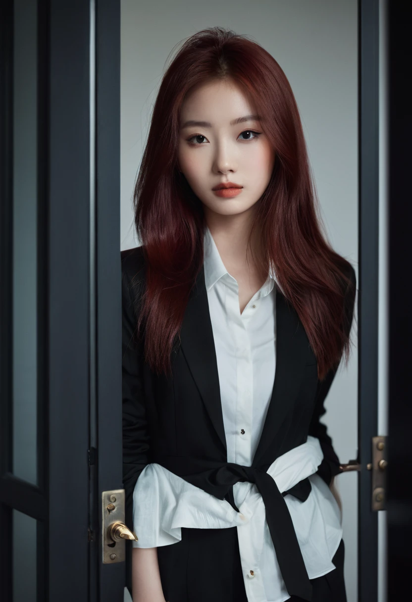 Portrait of a beautiful 18 year old girl, Red hair, Gorgeous Chinese, Wearing cotton, at the door, (Dark private office, Dark melancholy light: 1.2)