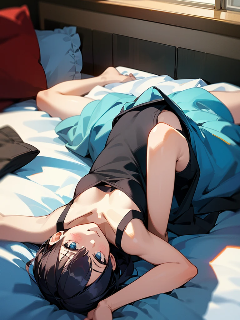 18 year old girl laying on her bed. She's wearing a small black tanktop. She has big .