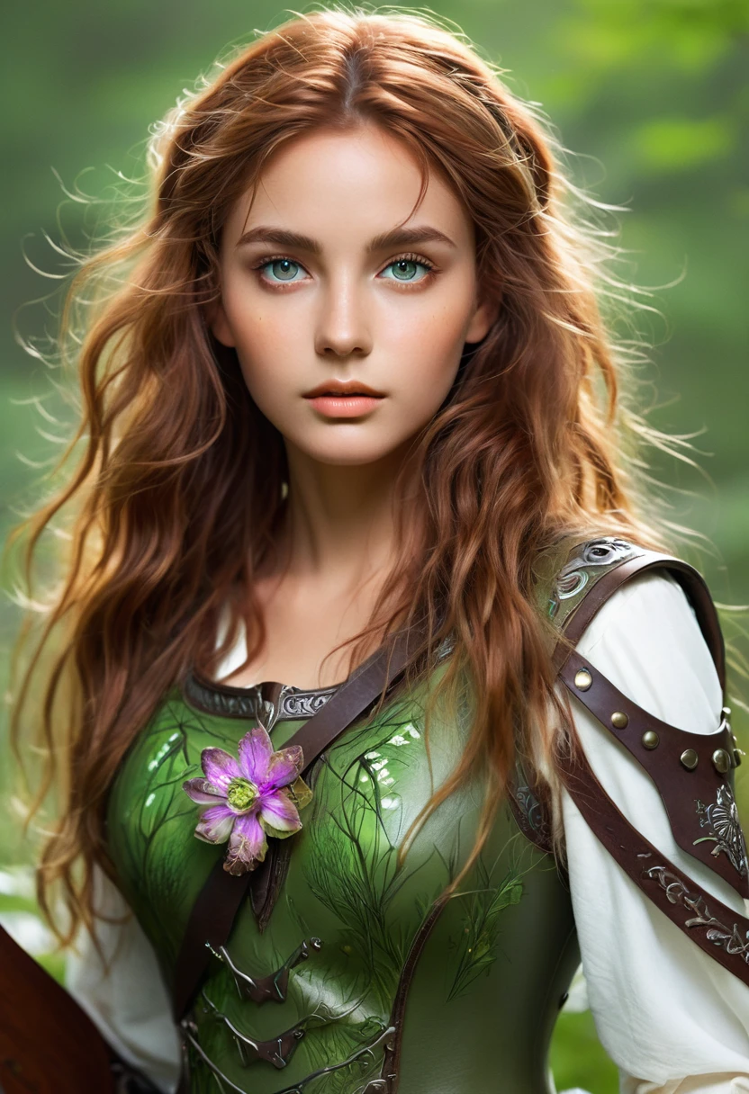 Dark Skin, Beautiful young woman in detail, Reddish-blond brown hair, long, Wavy and Messy Hair, Perfectly detailed green eyes, Delicate symmetry realistic beautiful face, (Magical forest background), Ranger Equipment Leather Armor, Fairy, Wildflowers blend into the hair, whole body, masterpiece, absurd,Fine details, Rich colors, 戏剧light, Extremely detailed, light