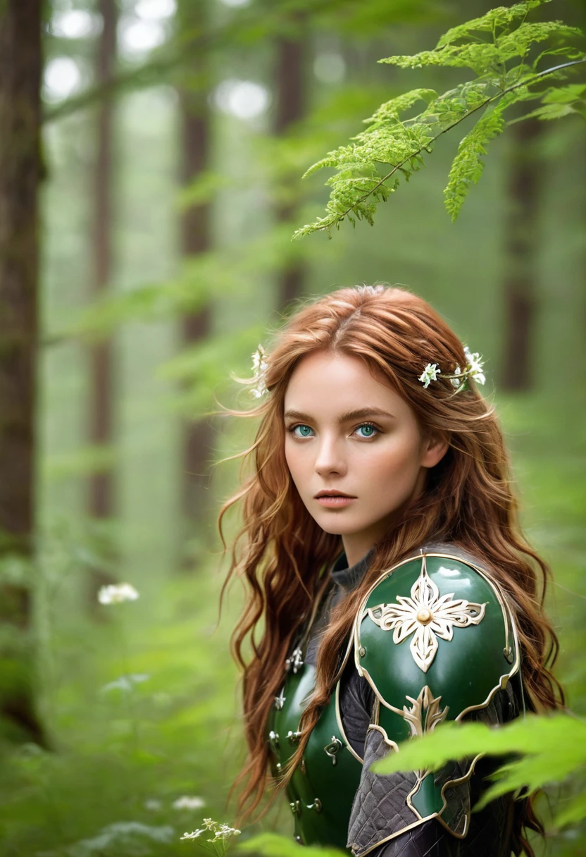 Dark Skin, Beautiful young woman in detail, Reddish-blond brown hair, long, Wavy and Messy Hair, Perfectly detailed green eyes, Delicate symmetry realistic beautiful face, (Magical forest background),  Ranger Equipment Leather Armor, Fairy, Wildflowers blend into the hair, whole body, masterpiece, absurd,Fine details, Rich colors, 戏剧light, Extremely detailed, light
