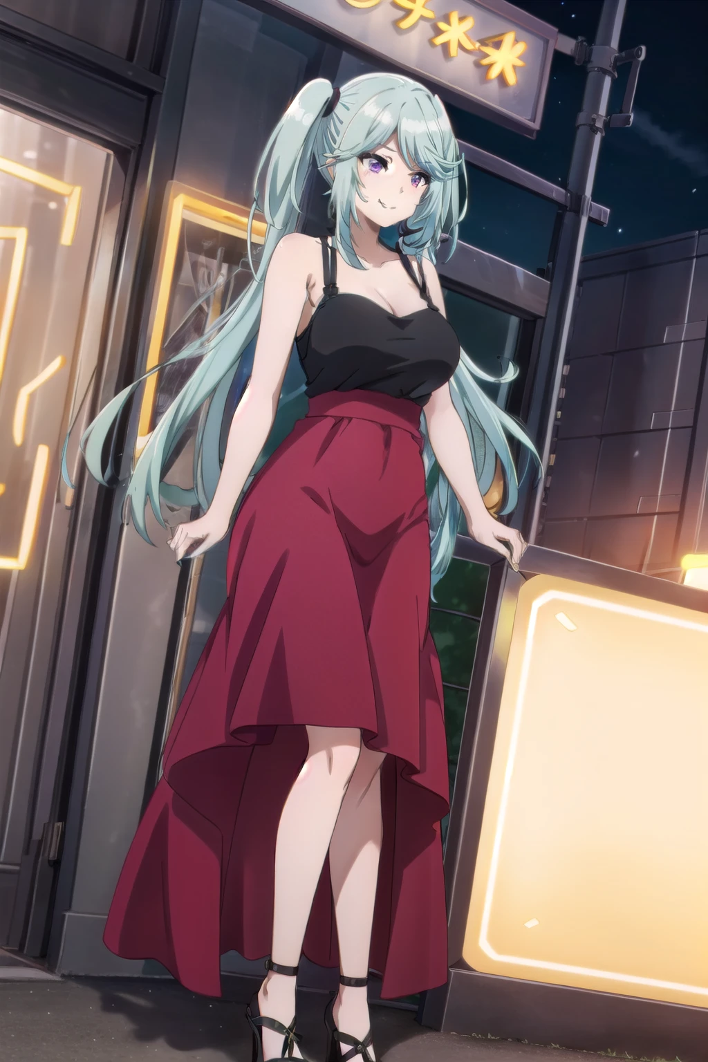 One girl, Purple eyes, Blue Hair, Twin tails, Side Lock, Long Hair, very Long Hair, bangs, expensive body, Long legs, smile, orange camisole, large breasts, (frilled dress) , bangs, Mouth closed, sandals, full body, standing, spread legs, dutch angle, night, neon lights, city, Outdoor, 
