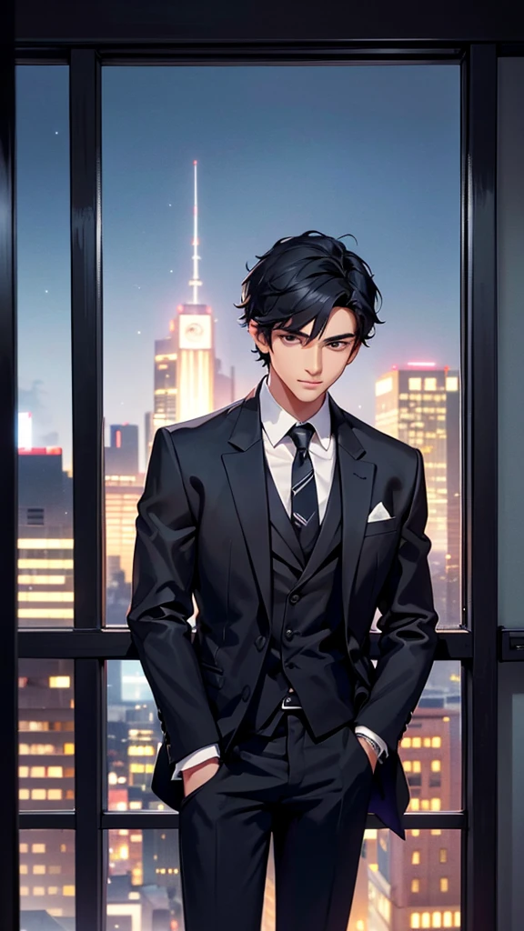 Handsome young man in a black suit with short black hair looking out the window on a tall building at night in a city full of lights.