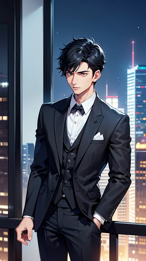 Handsome young man in a black suit with short black hair looking out the window on a tall building at night in a city full of lights.