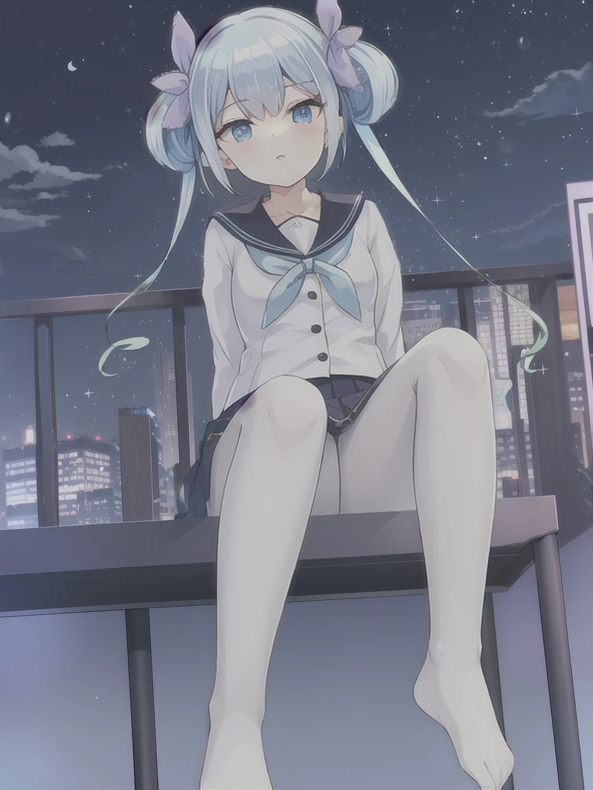 1girl,solo,dark_sky,night,blue hair,serafuku,closed mouth,medium_breasts,park,((white_pantyhose)),cleavage, white_bra,blush,pleated skirt,no shoes,sitting,