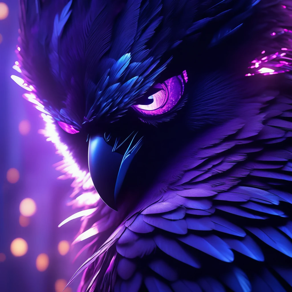 A captivating Dutch-shot of dark-skinned, his magnificent crystalline purple eyes awakening and emitting a radiant reflective purple light, against a background of falling crow's feathers, 4k, UHD, HDR, ultra-detailed, realistic, photorealistic, sharp focus, physically-based rendering, vivid colors, studio lighting, masterpiece
