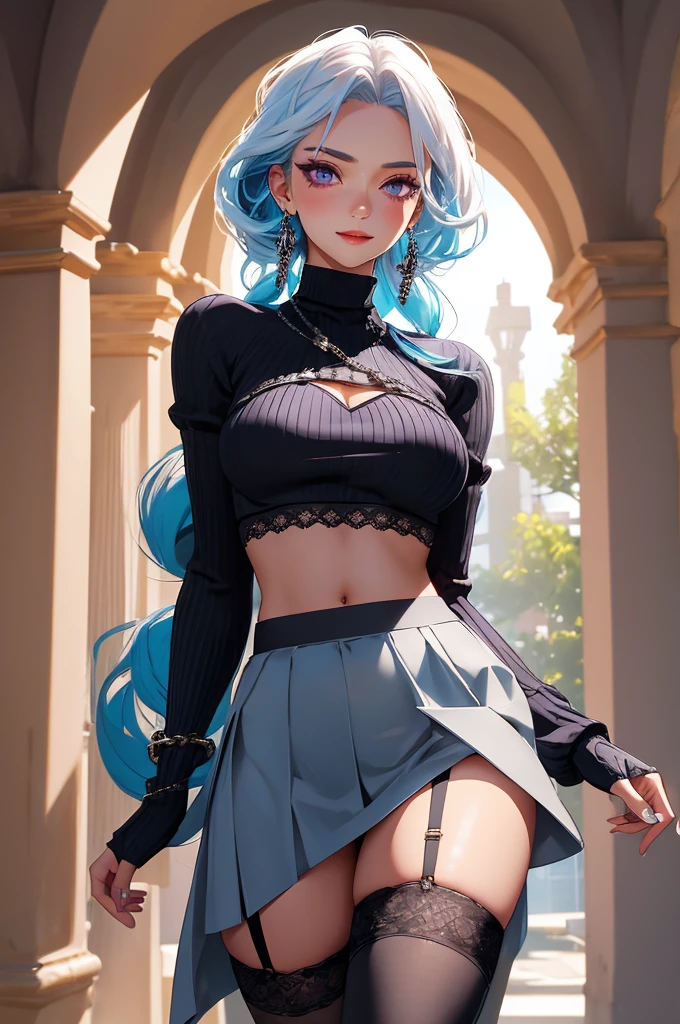 Master piece,best quality,ultra-detailed,high resolution,octane render,intricate details,absurdres,ultra hires,bishojyo,beautiful face,seductive young girl,full body,(perfect body),cool,Her face is extremely detailed and expressive.the girl exudes confidence and elegance,vibrant colors, girl, masterpiece, sharp focus, best quality, depth of field, cinematic lighting, multicolored two tone hair, blue hair, white hair, bright magenta eyes, white thighhighs with black lace, cropped top turtle neck sweater, black heels, smile, lava, twin braid, long flowing skirt, blush, long sleeve croptop, medium breasts, midriff, slim, navel, (garter belt,Stockings),silver thighlet,expensive,allure pose,black Choker with chains,bracelet with chains,silver earrings,blush stickers