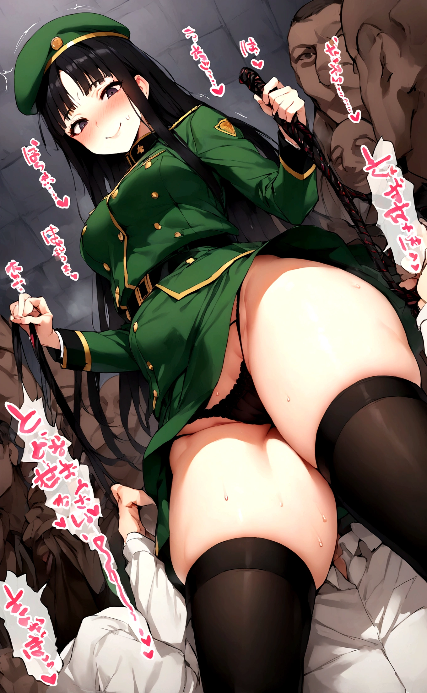 One Woman、A large number of people、Beauty、uniform、intimidating face、思い切り脚を広げてSitting on a man's face、military base、Female Officer、crowd、緑のuniform、Sitting on a man's face、Face sitting torture、beret、Tight Skirt、Military personnel、30 years old、Looking down at the viewer, long hair、Bangs, Highest quality, Focus on the thighs, smile,panties、Plump thighs、Big Ass、Big 、 Black Hair,My thighs are steaming between the legs 、ムレムレのKnee-high socks、Knee-high socks、Angle from directly below、Holding a whip、crowdを誘惑する、Acme convulsions、Obscene sound effects、Naughty sound effects、Facesitting