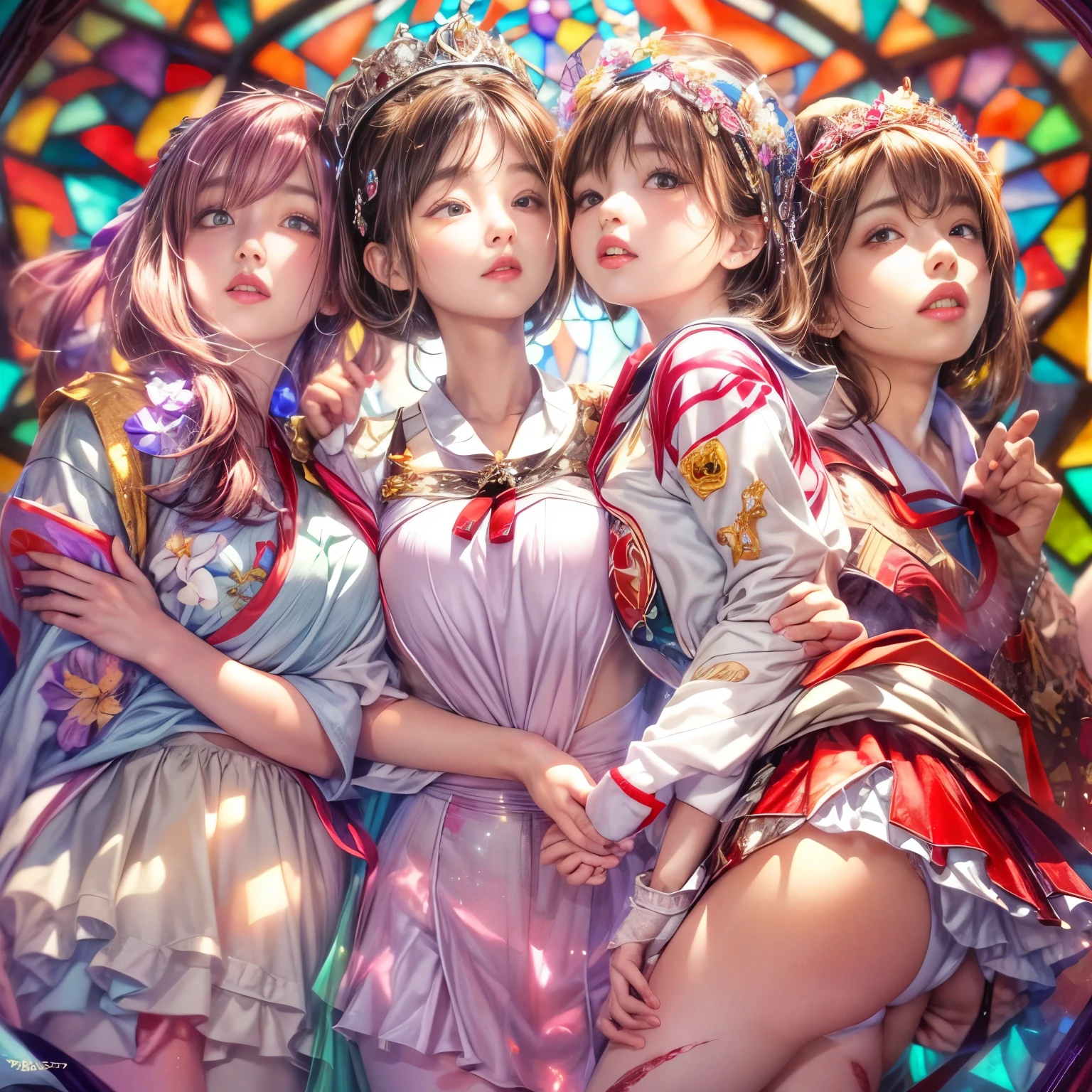 (NSFW:-0.98) . White and Red, (Dazzling colorful light pours down:1.2), (Ultra-detailed1.35), (Masterpiece:1.2) of professional photo with Hasselblad, (((Realistic and Photorealistic with touch of rawness:1.37))), (((Acutance:0.85), { from below | from side } )) . ((A group photo of many KAWAII girls in (school uniform)) with visible Overflowing Cleavage) and Navel without bra . (((Extremely detailed KAWAII face variations)) with joyful expressions), { Detailed natural eyes with sparkling highlights and long eyelashes | Rosy cheeks | Navel | (pretty Ass) | (Overflowing underboob) | Oiled ivory skin Details | White panties with (blood seeping only in crotch area) | ((full of Flowers covering girl's body:1.15)) | (((Dazzling colorful stained glass with stunning elaborate details:1.2))) | Mystic sight | A Halo ling in the air | God rays | Haze | Lens flare | Luminescent particles | Kissing face to face } . Ultra-detailed, (Exposed:0.8), (((Nipple:-0.9))) .