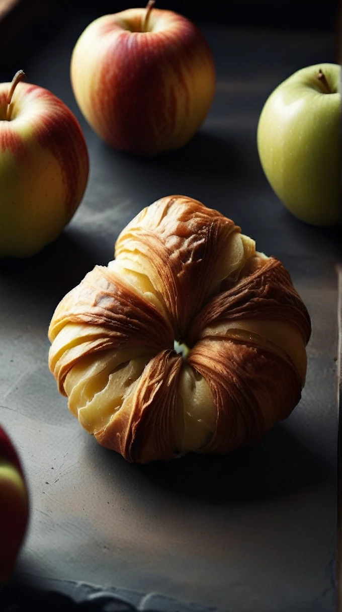 Cinematic photo of croissant-style apples, place: Gravity Vortex, Detailed Background, Dynamic Angle, Atmospheric