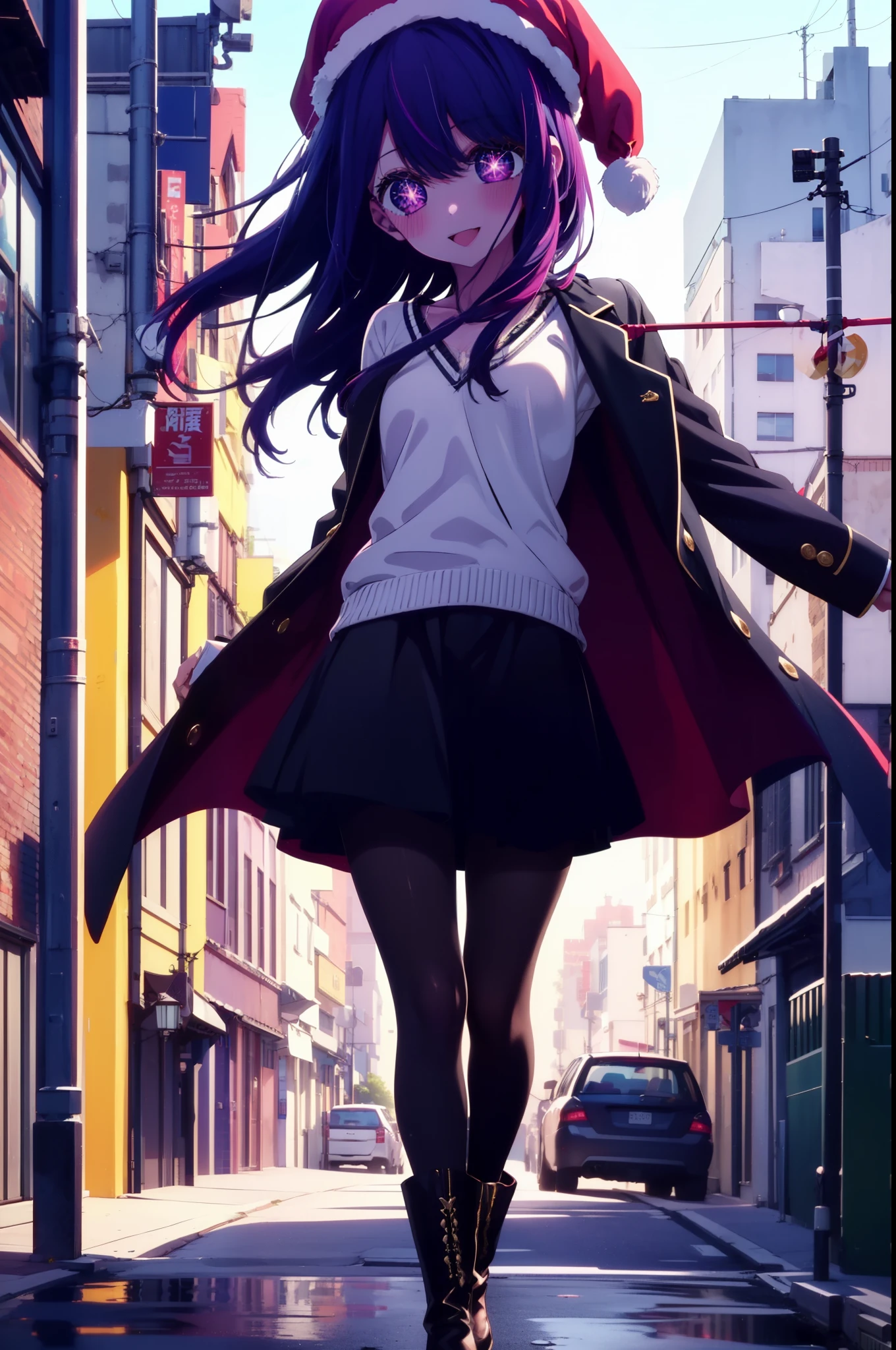 aihoshino, Ai Hoshino, Long Hair, bangs, (Purple eyes:1.1), Purple Hair, (Symbol-shaped pupil:1.5), smile,smile,blush,Open your mouth,Knitted hat,Purple long coat,V-neck sweater,Long skirt,Black pantyhose,short boots,Red muffler,It&#39;s snowing,Snow is falling,Walking,whole bodyがイラストに入るように, Daytime,
break outdoors, Building district,
break looking at viewer, whole body,
break (masterpiece:1.2), Highest quality, High resolution, unity 8k wallpaper, (figure:0.8), (Beautiful attention to detail:1.6), Highly detailed face, Perfect lighting, Highly detailed CG, (Perfect hands, Perfect Anatomy),