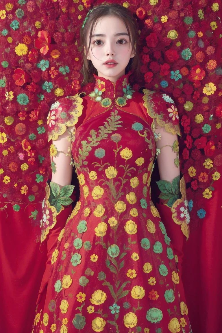 woman, flower dress, colorful, darl background,flower armor,red theme,