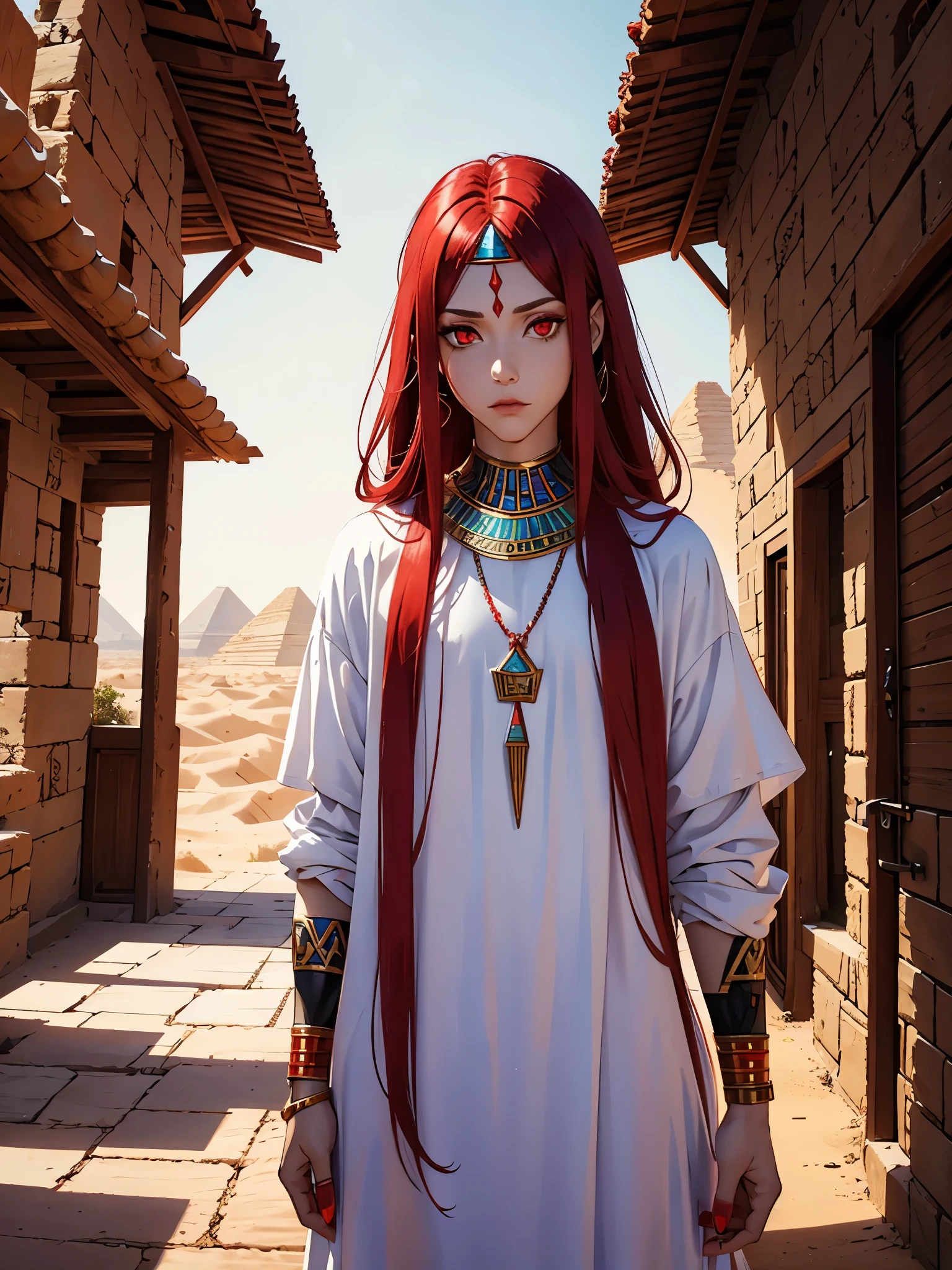 Egyptian deity Seth. long red hair, White clothing, red clothes. silver jewelry. light skin. Desert. Thron. Tattoos, Egyptian. red eye. Rotes Make Up. Feminin man.