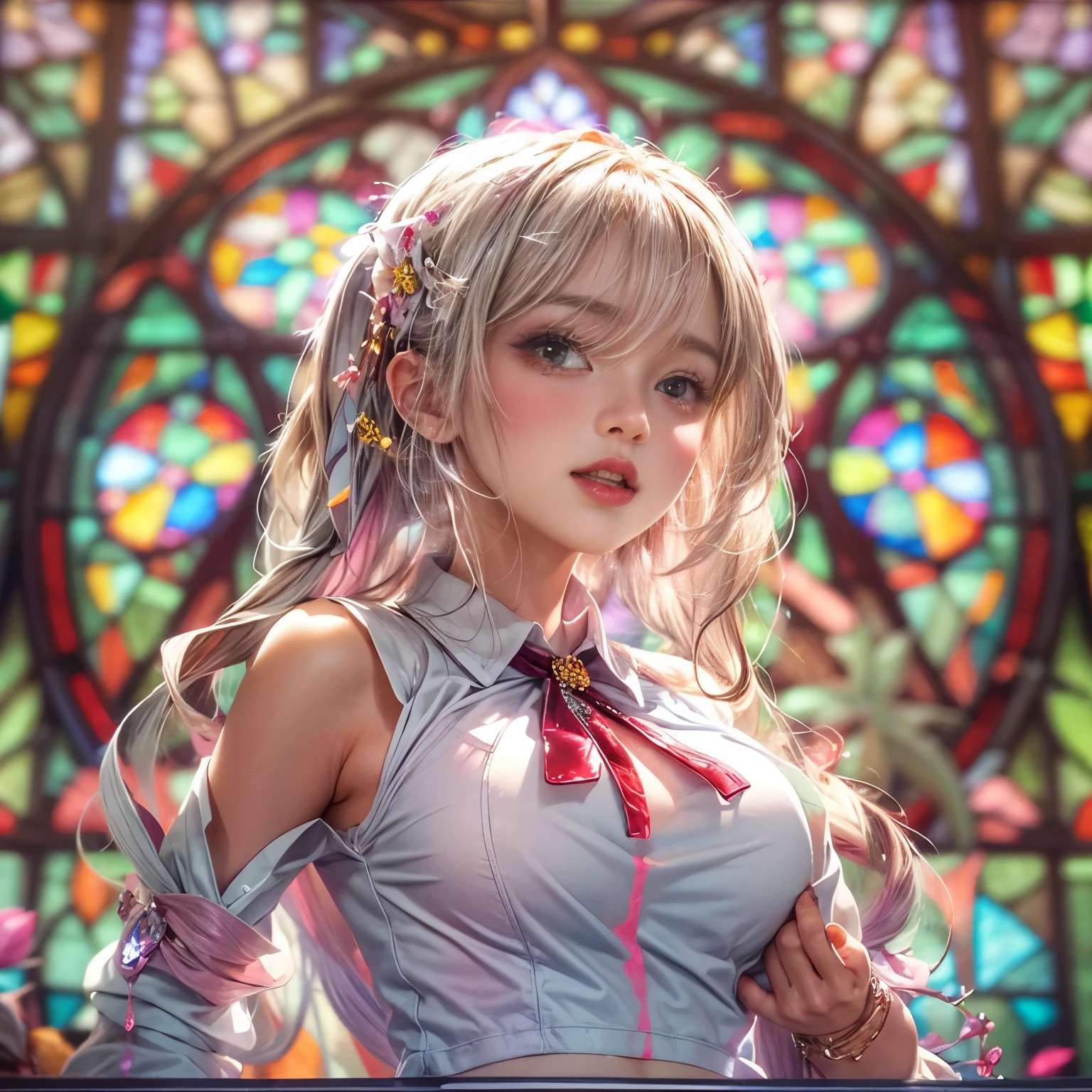 (NSFW:-0.98) . White and Red, (Dazzling colorful light pours down:1.2), (Ultra-detailed1.35), (Masterpiece:1.2) of professional photo with Hasselblad, (((Realistic and Photorealistic with touch of rawness:1.37))), (((Acutance:0.85), { from below | from side } )) . ((A group photo of many KAWAII girls in (school uniform)) with visible Overflowing Cleavage) and Navel without bra . (((Extremely detailed KAWAII face variations)) with joyful expressions), { Detailed natural eyes with sparkling highlights and long eyelashes | Rosy cheeks | Navel | (pretty Ass) | (Overflowing underboob) | Oiled ivory skin Details | White panties with (blood seeping only in crotch area) | ((full of Flowers covering girl's body:1.15)) | (((Dazzling colorful stained glass with stunning elaborate details:1.2))) | Mystic sight | A Halo ling in the air | God rays | Haze | Lens flare | Luminescent particles | Kissing face to face } . Ultra-detailed, (Exposed:0.8), (((Nipple:-0.9))) .