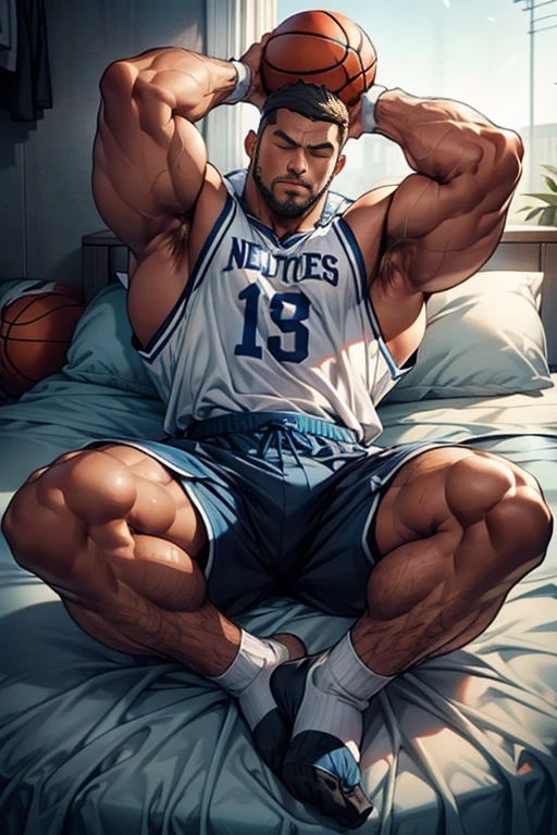 Basketball clothes，Basketball clothes上号码是八号，Nike shorts，White socks，No shoes，Lying on the endless blue bed，The hero leans back and shoots on the bed，Full body portrait，There is a basketball on the bed，Stretch your hands outward，Eyes closed，Dark skin，Dark Skin，Solitary，individual，Brown skin，Bigfoot,（Facing the audience），(muscular)，Farther distance，The camera looks down from a high place，The protagonist has very long legs, male, Huge body，The character is a burly man，Dynamic Action，Light from above，Clothes show shoulders，Clean face，Lift his head，Keep your eyes open，