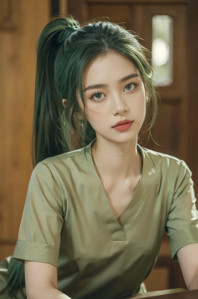 (((best quality))),(((ultra detailed))),(((masterpiece))),illustration,((1 beautiful young girl,female soldier,solo)),(short ponytail:1.2),((slim,thin)),((small breasts,flat chest)),determined,professional,demeanor,(light green collared short-sleeved shirt:1.3),(dark green trousers:1.3),military,affiliation,background,military conference room,walls,maps,battlefields,strategic points,markings,large red flag,nation's unity,strength,seriousness,planning,important discussion,rigid posture,focused expression,hands clasped behind back,confidence,respectability,bright intense eyes,analyzing situation,contribute thoughts,ideas,charm,powerful,intense atmosphere,freezes moment in time,essence,striking appearance,(night scene:1.2),((from front,upper body))