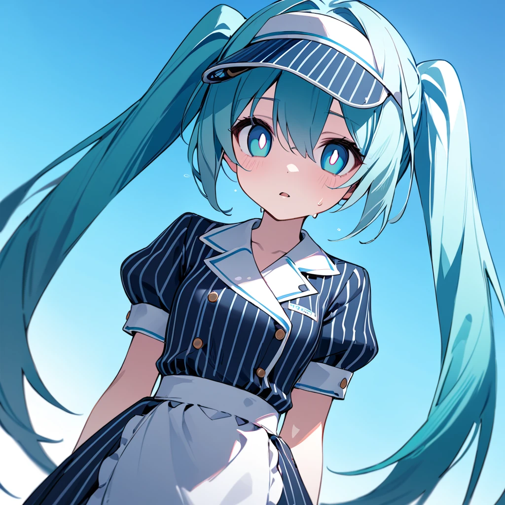 best quality, masterpiece, 1girl, solo, mikunormal, hatsune miku, blue vertical-striped dress, waist apron, visor cap, wrist cuffs, (((sweating))), (((((white pupils))))), blue eyes, ((Illustration where the pupil does not overlap the lower lash line, The lower half of the eye is white, vacant eyes)), (((expressionless))), (parted lips), looking at viewer, standing, arms at side, (face focus),((((sky background)))), ((depth of field)), (((dutch angle))), (dark), [[[shaded face]]],  puffy short sleeves