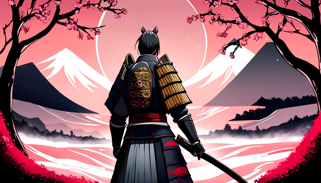 (Highest quality,High resolution:1.2),Super detailed,Traditional Japanese samurai armor,Back view,Severe,skilled swordsmanship,Classic Katana,The Samurai Code of Honor,Sacred Devotion,Authentic Japanese scenery,A quiet temple seen in the distance,Summer steppe,Subtle light and shadow,Sublime Art,Strokes,Thick black ink,Manga style,Traditional woodblock style,Vibrant colors,Delicate line drawing,Subtle incense scent,Serene atmosphere