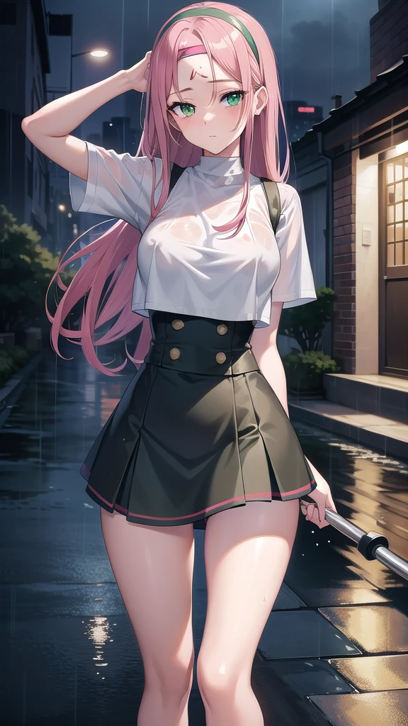 sakuraharuno, sakura haruno, long hair, bangs, (green eyes:1.5), pink hair, hairband, facial mark, (forehead mark:1.2), red hairband, (swept bangs:1.5), (medium :1.2),
Crop top,white crop top,wet crop top,nipplees see tblue skirt,long skirt,high waist skirt,skinny fit,long legs,
BREAK looking at viewer,
BREAK outdoors, city, rain,night,wet road,neon lights,BREAK (masterpiece:1.2), best quality, high resolution, unity 8k wallpaper, (illustration:0.8), (beautiful detailed eyes:1.6), extremely detailed face, perfect lighting, extremely detailed CG, (perfect hands, perfect anatomy),showing panties,lace pantiesngs,stocking ers,thin legs,arms behind head,wet tits, standing in middle.