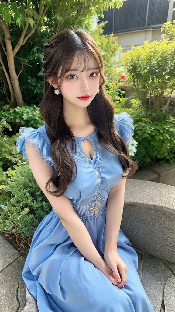 western luxury dress、sitting pose、long skirt、Princess、strong light on hair、blue dress、zoom out、high resolution、thin waist、high tone hair color、korean idol、realistic eyes、beautiful eyelashes、High resolutionの顔、20 years old、best quality, illustration, Super detailed, fine details, High resolution, 8K Dende Wallpaper, beautiful detailed eyes, random cute hairstyles, C cup breasts, natural color lip
