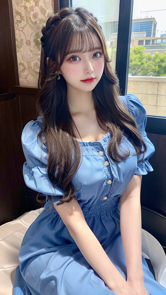 western luxury dress、sitting pose、long skirt、Princess、strong light on hair、blue dress、zoom out、high resolution、thin waist、high tone hair color、korean idol、realistic eyes、beautiful eyelashes、High resolutionの顔、20 years old、best quality, illustration, Super detailed, fine details, High resolution, 8K Dende Wallpaper, beautiful detailed eyes, random cute hairstyles, C cup breasts, natural color lip