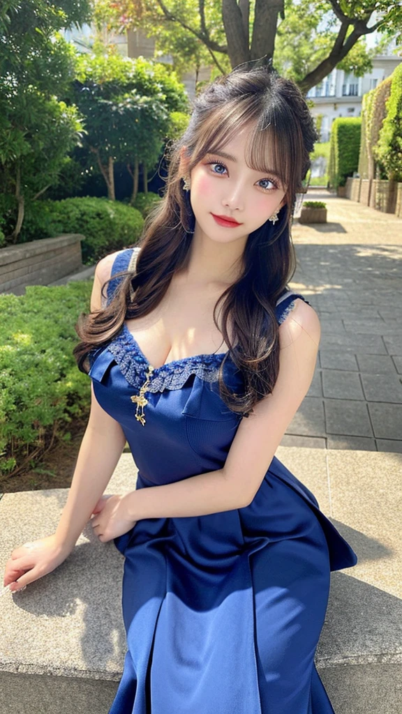 western luxury dress、sitting pose、long skirt、Princess、strong light on hair、blue dress、zoom out、high resolution、thin waist、high tone hair color、korean idol、realistic eyes、beautiful eyelashes、High resolutionの顔、20 years old、best quality, illustration, Super detailed, fine details, High resolution, 8K Dende Wallpaper, beautiful detailed eyes, random cute hairstyles, C cup breasts, natural color lip