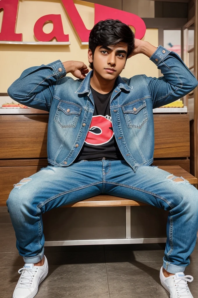 a 2 Young boy sitting casually on front of a cake. The character must wear casual moder clothing such as jeans jackets and sneakers shoes. The background of the image is a party theme. Write ‘Gaurav & Gaurang' on the birthday cake. Make sure the text is not misspelled. His age is 38