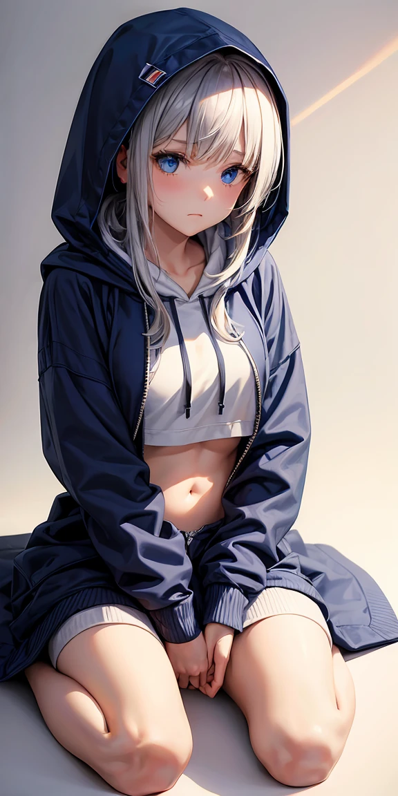 masterpiece:1.2, high quality, 最high quality, White Background, hoodie, hoodie, hoodie dress, Wearing a hood, loose hoodie, Upper Body, Headphones around the neck, Glare,blue eyes, Long Hair,Gray Hair, Blue inner hair, Bobcut, Short bangs, Disheveled Hair, Wearing a hood, abdomen, belly button, sit, from the front, Place your hands between your legs,1 Girl,barefoot, sad, Thighs, upset, whole body