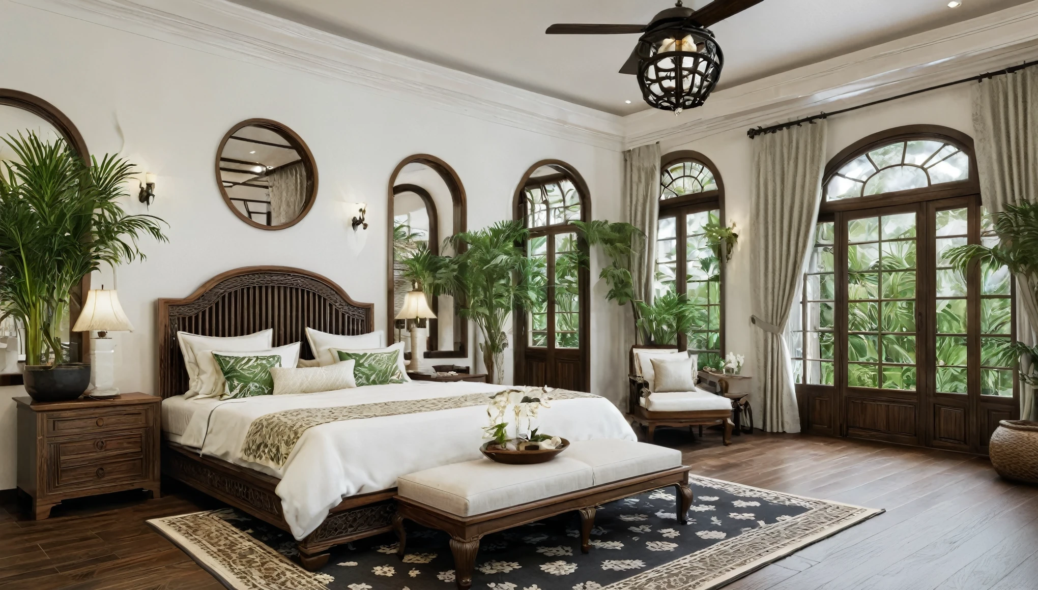 Render a serene Indochine-style bedroom that matches the overall design of a 5-meter-wide, 3-story townhouse. The bedroom features a grand wooden bed with an intricately carved headboard and luxurious, patterned bedding in warm, earthy tones. The walls are painted a calming white, accented with dark wooden beams and traditional Indochine wall art. Large arched windows with wooden shutters offer a view of the urban setting while providing ample natural light. Elegant bedside tables with traditional lamps and a classic wooden wardrobe with ornate details complete the look. The flooring is dark hardwood, complemented by a soft, patterned rug. Tropical plants and a cozy seating area by the window enhance the peaceful ambiance.
8k resolution, UHD, high-quality detail, Indochine style, serene bedroom, grand wooden bed, intricately carved headboard, luxurious patterned bedding, warm earthy tones, calming white walls, dark wooden beams, traditional Indochine wall art, arched windows, wooden shutters, natural light, elegant bedside tables, traditional lamps, classic wooden wardrobe, ornate details, dark hardwood flooring, soft patterned rug, tropical plants, cozy seating area.