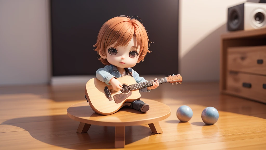 Anime Baby Chibi Cute、(((Chibi 3D))) (best quality), (table top)、Brown hairstyle、Chibi Housing Exhibition、concert stage、detailed face、relax,man holding guitar