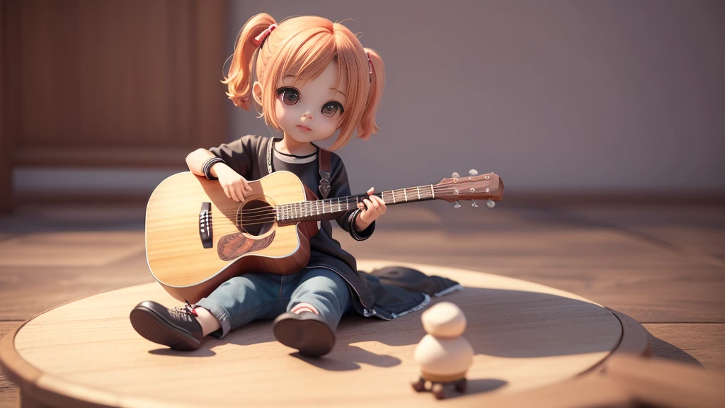 Anime  Chibi Cute、(((Chibi 3D))) (best quality), (table top)、Brown hairstyle、Chibi Housing Exhibition、concert stage、detailed face、relax,man holding guitar