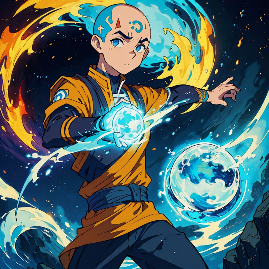 (best quality, masterpiece, colorful,highest detailed), (aang_avatar),solo, , aang_avatar, male, bald, dynamic, surrounded by the four elements (water, earth, fire, air), white background,(high contrast, extreme detailed, highest detailed),