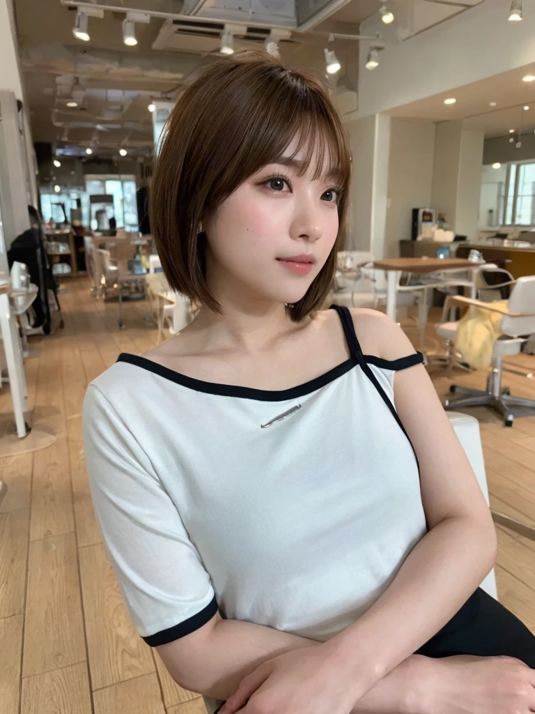 (8K、RAW Photos、Highest quality、Masterpiece:1.2)、Super detailed、Super Resolution、(Real、Real写真:1.37)、Portrait、High-definition RAW color photos、Professional Photography、Very detailedで美Shii、Very detailed、8Kの壁紙、Amazing details、Huge file sizes、Official Art、Very detailedなCG Unity 8K壁紙、Very detailedな美少女、Very detailedな顔、Very detailedな目、Very detailedな肌、Very detailedな指、Very detailedな鼻、Very detailedな詳細な口、Perfect Anatomy、Very detailedな背景、Very detailedな衣服、1 girl、(18:1.2)、Ten generations、cute女の子、Famous Japanese Idols、cute、Realなボデtite、White skin、Glowing Skin、Slim body、Handsome body、Brown Hair、Short curly hair、(Blunt Bangs:1)、smile、cute、like々Shii、cute顔、Realな顔、Delicate eyes、Drooping eyes、White T-shirt、skirt、Earrings、looking at the camera、Cowboy Shot、Front facing、Standing posture、Contrapposto, High Street, public, Dynamic Lighting,