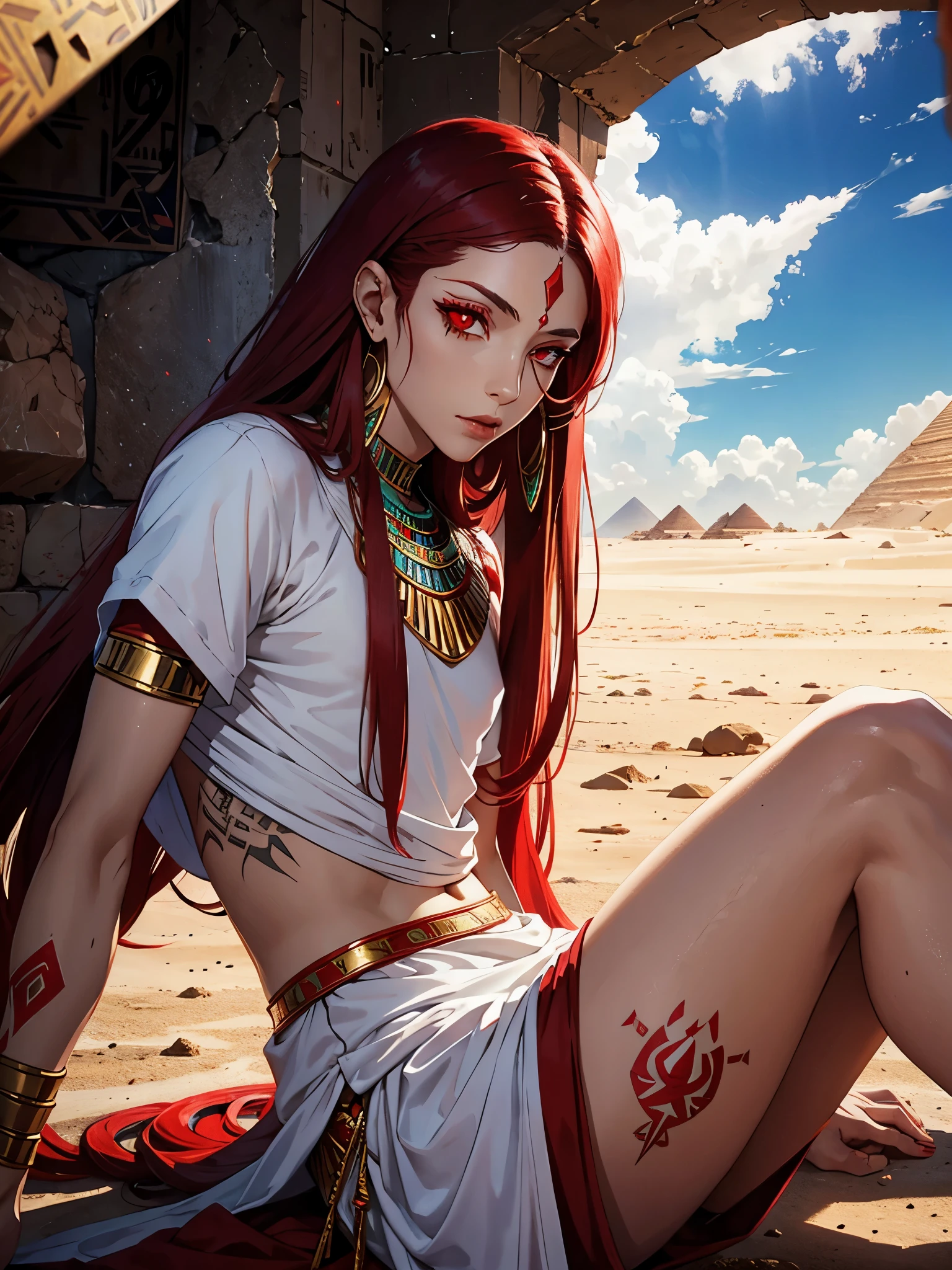Egyptian deity Seth. long red hair, White clothing, red clothes. silver jewelry. light skin. Desert. Thron. Tattoos, Egyptian. red eye. Rotes Make Up. Feminin man.