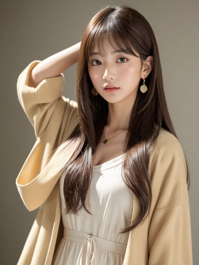((Highest quality, 8K, masterpiece:1.3)), concentrate: 1.2, Perfect body beauty: 1.4, Hips: 1.2, ((Long Hair, chest: 1.2)), (Dry clothes: 1.1) , (clear, Simple Background:1.3), Simple clothes: 1.1, Highly detailed face and skin texture,Delicate eyes, double eyelid, Whitened skin, Rough skin、Long Hair、Earrings with bangs、necklace、 solo、Beige coat、White shirt, (((Beautiful girl with cute Japan)))、 ((Beautiful Japanese girl 20 years old))、 ((Baby Face))、 (((Slender body)))、 Upper Body,Face focus、necklace,Simple Background,From above, Realistic Hair、 A photograph was taken:Canon EOS R6、135mm、1/1250 seconds、f2.8、ISO400、(Detailed explanation of the hand)、(Masseter muscle area)、(Exquisite CG)、Long Hair, loose and curly hair、Korean Hair、Long Hair明るいベージュ色、グラデーションハイライトグレージュのゆるふわLong Hairスタイル、
