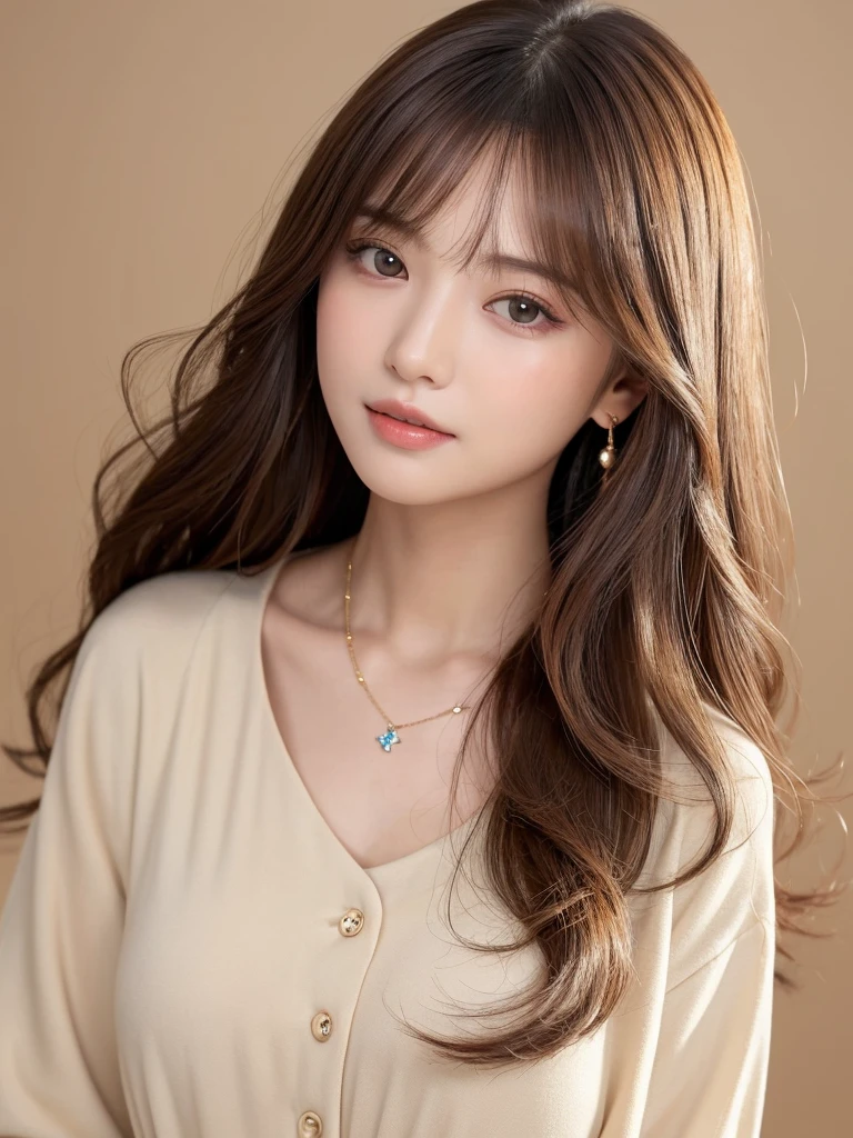 ((Highest quality, 8K, masterpiece:1.3)), concentrate: 1.2, Perfect body beauty: 1.4, Hips: 1.2, ((Long Hair, chest: 1.2)), (Dry clothes: 1.1) , (clear, Simple Background:1.3), Simple clothes: 1.1, Highly detailed face and skin texture,Delicate eyes, double eyelid, Whitened skin, Rough skin、Long Hair、Earrings with bangs、necklace、 solo、Beige coat、White shirt, (((Beautiful girl with cute Japan)))、 ((Beautiful Japanese girl 20 years old))、 ((Baby Face))、 (((Slender body)))、 Upper Body,Face focus、necklace,Simple Background,From above, Realistic Hair、 A photograph was taken:Canon EOS R6、135mm、1/1250 seconds、f2.8、ISO400、(Detailed explanation of the hand)、(Masseter muscle area)、(Exquisite CG)、Long Hair, loose and curly hair、Korean Hair、Long Hair明るいベージュ色、グラデーションハイライトグレージュのゆるふわLong Hairスタイル、