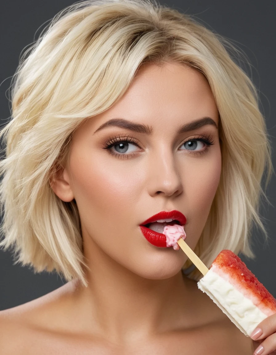a beautiful blonde girl giving a blowjob to a popsicle, giving oral sex to a popsicle, (messy bob hairstyle, white blond hair color), messy hairstyle, messy bob, messy hairstyle, white blond, 5 foot 3 inches tall, 110 pounds in weight, 34G breasts, large firm round breasts, very large breasts, cleavage, photorealistic, 4K, 8K, UHD