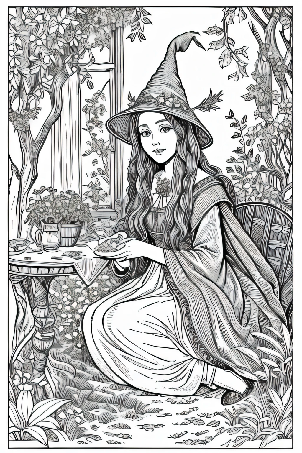 "In her cozy cottage nestled deep in the enchanted forest, the whimsical witch tends to her garden of enchanted herbs and flowers make it as line art for colouring book