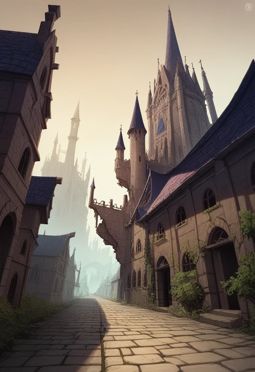 the kingdom of Blunder from a dark fantasy novel: a mist-covered landscape with dense, ancient forests, and a grand, shadowy castle towering over a medieval city with cobblestone streets and tall, gothic spires. Enchanted ruins and magical creatures hide in the background. The scene is filled with an eerie, mysterious atmosphere, with pockets of light breaking through the dense fog, symbolizing hope and resistance. The overall mood is dark, atmospheric, and magical, evoking a sense of danger and intrigue.