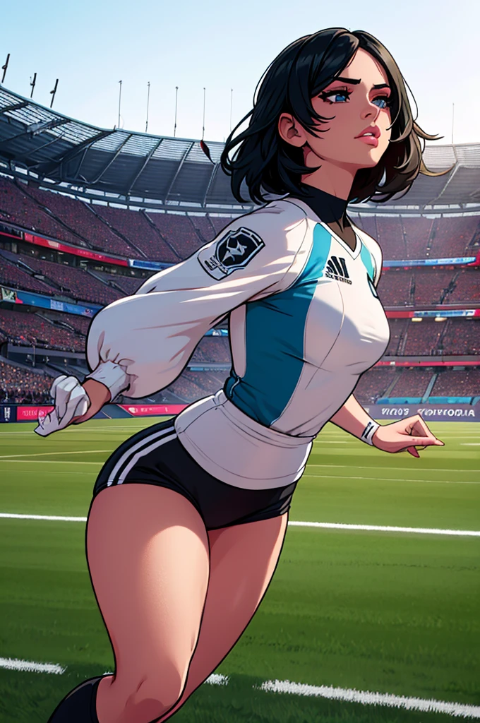 a woman, yorha 2p, soccer outfit, argentina soccer player uniform, detailed face, beautiful detailed eyes, beautiful detailed lips, extremely detailed eyes and face, long eyelashes, athletic body, running pose, dynamic action, football field background, bright lighting, vibrant colors, cinematic composition, photorealistic, 8k, best quality, masterpiece. Black Hair. 