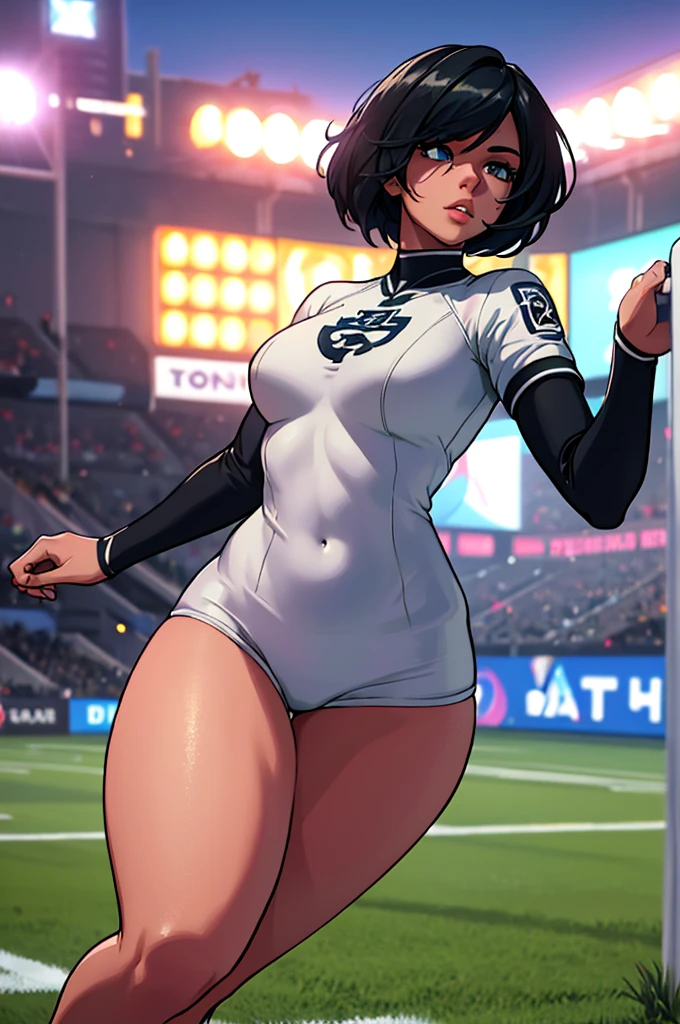 a woman, yorha 2p, soccer outfit, argentina soccer player uniform, detailed face, beautiful detailed eyes, beautiful detailed lips, extremely detailed eyes and face, long eyelashes, athletic body, running pose, dynamic action, football field background, bright lighting, vibrant colors, cinematic composition, photorealistic, 8k, best quality, masterpiece. Black Hair. 